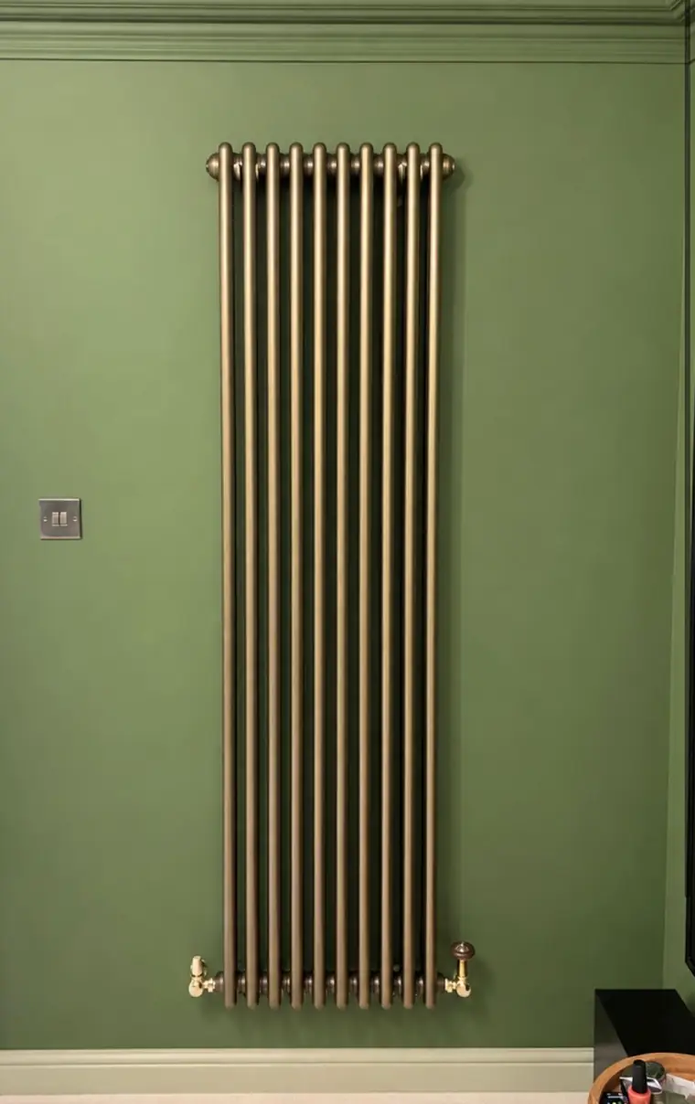 A tall vertical column radiator fitted to a green wall